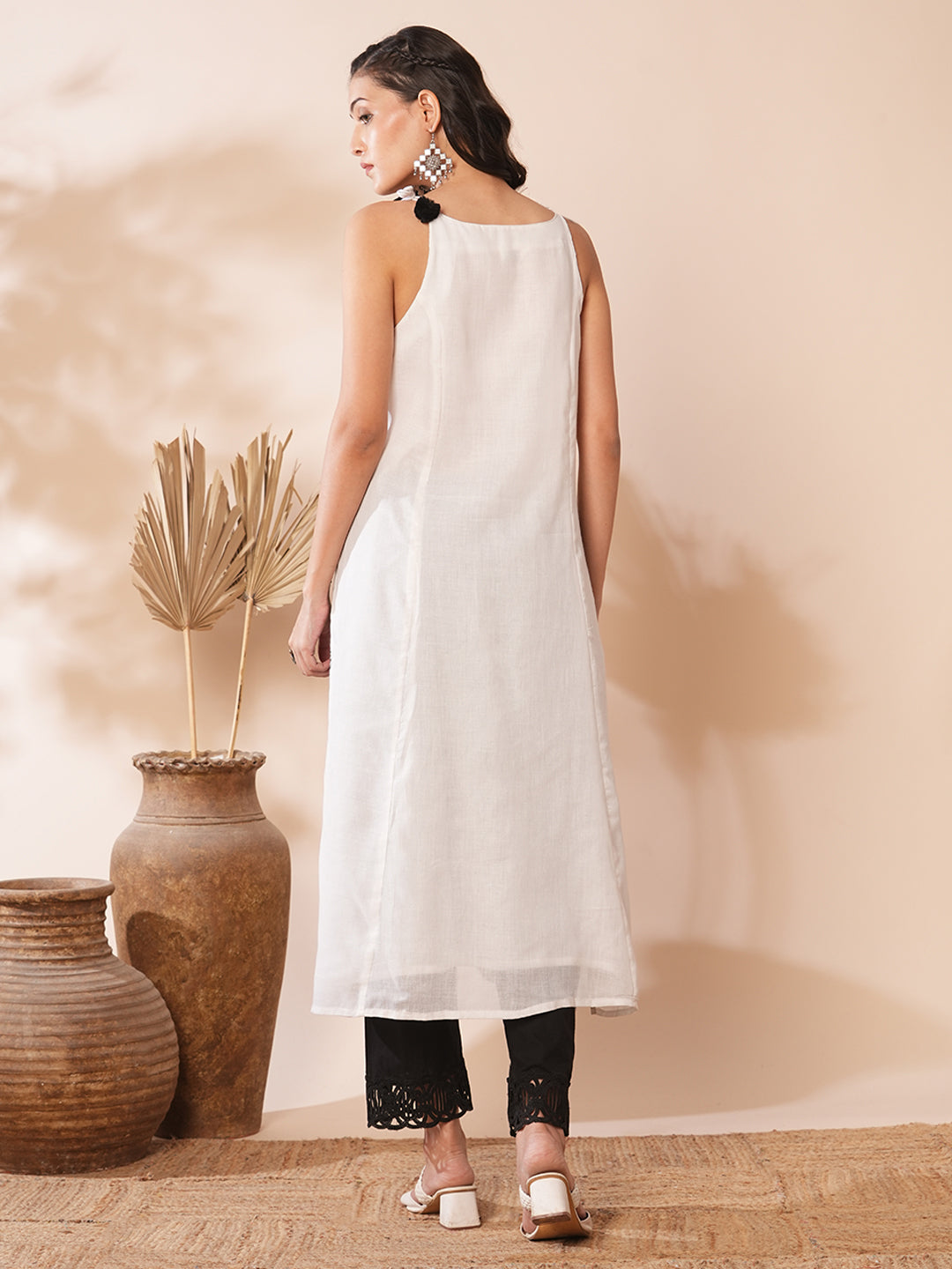Ethnic Floral Woven A-Line Embroidered Kurta - White