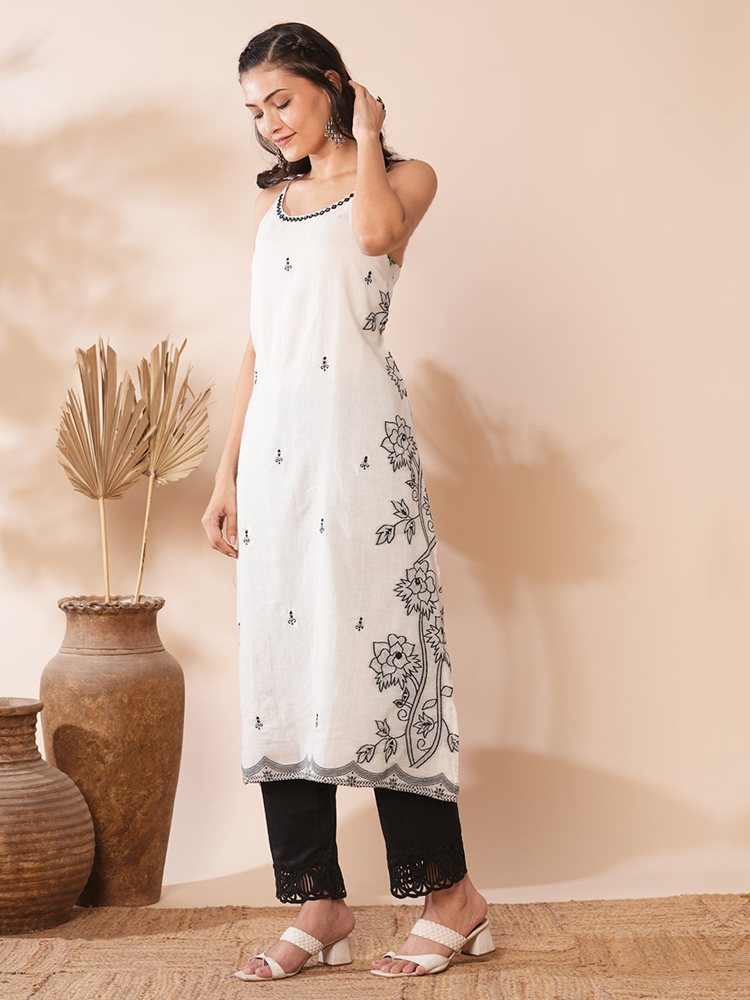 Ethnic Floral Woven A-Line Embroidered Kurta - White