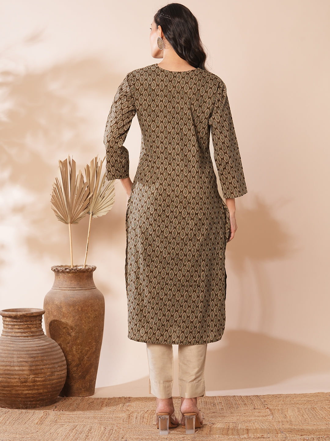 Ethnic Floral Printed Straight Fit Kurta - Brown