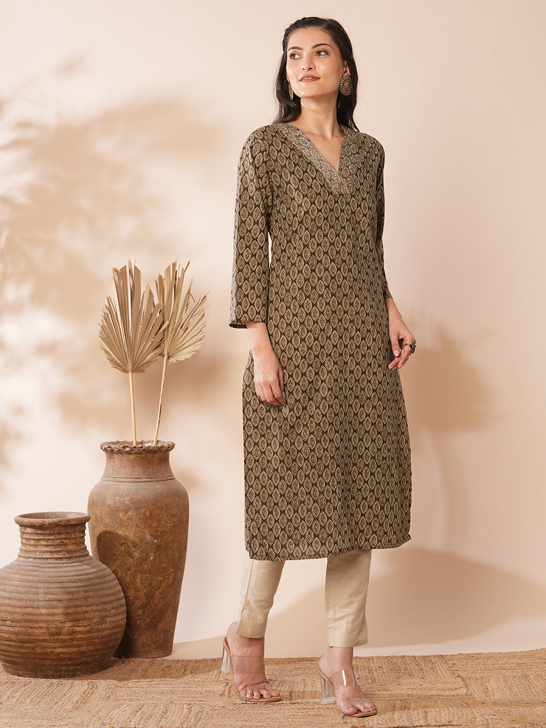 Ethnic Floral Printed Straight Fit Kurta - Brown
