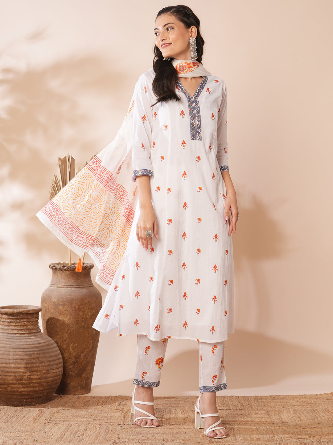 Ethnic Floral Printed A-Line Paneled Kurta with Pant & Dupatta - White