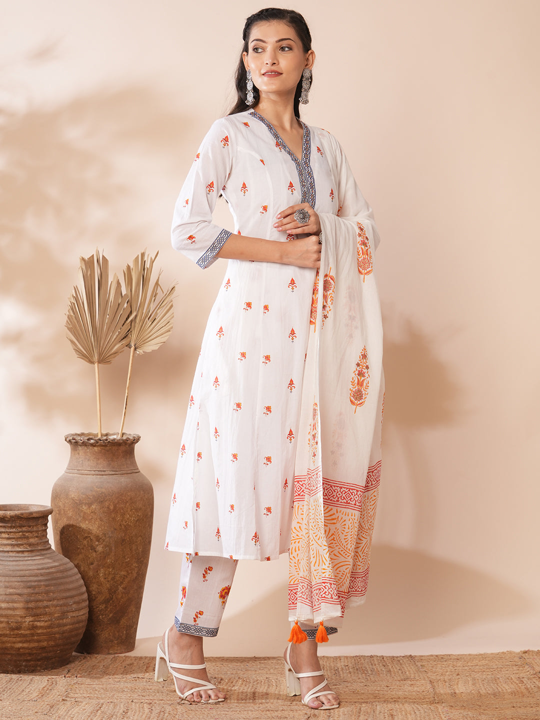 Ethnic Floral Printed A-Line Paneled Kurta with Pant & Dupatta - White