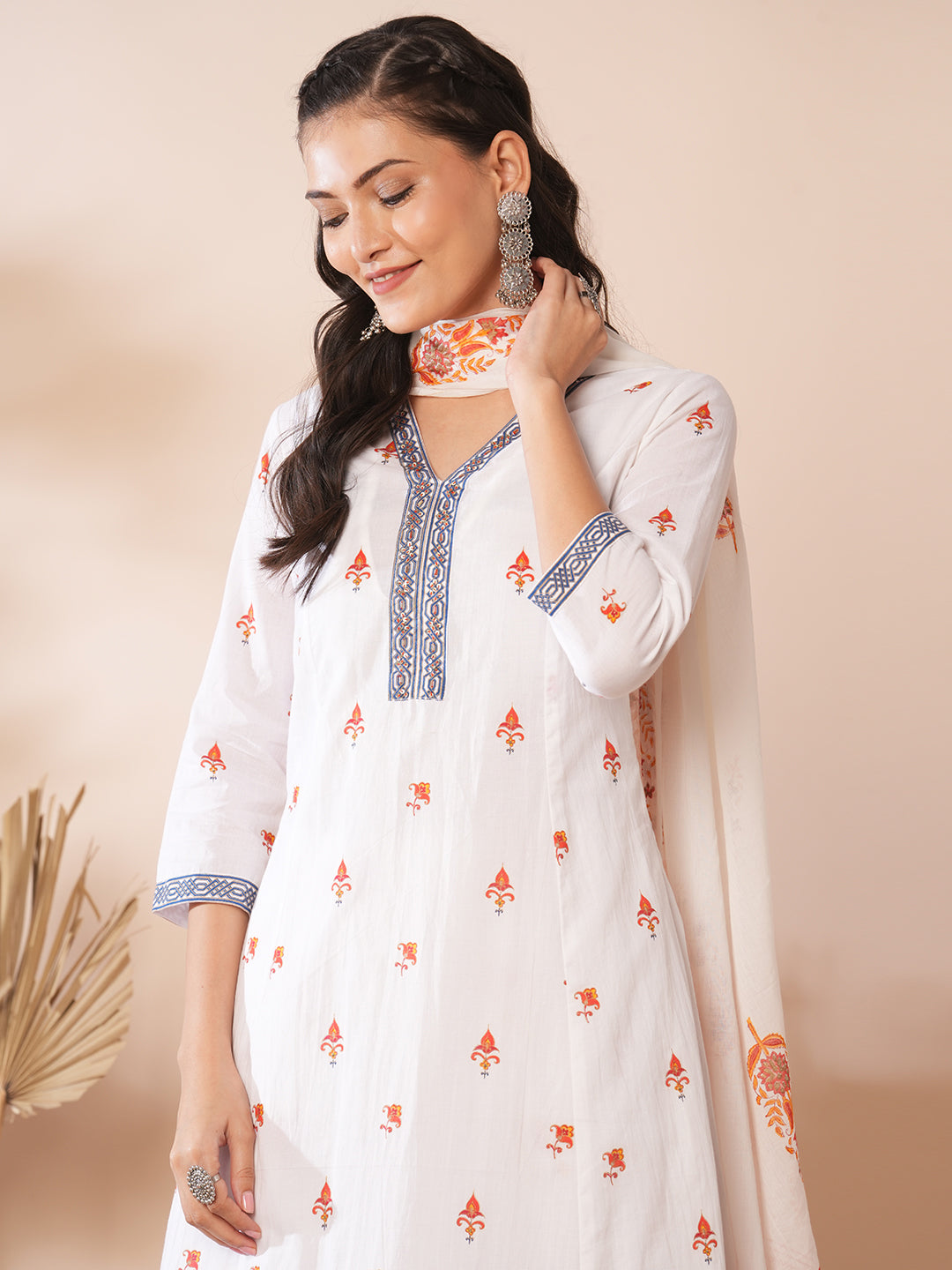 Ethnic Floral Printed A-Line Paneled Kurta with Pant & Dupatta - White