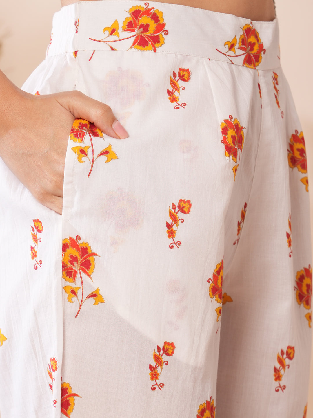 Ethnic Floral Printed A-Line Paneled Kurta with Pant & Dupatta - White