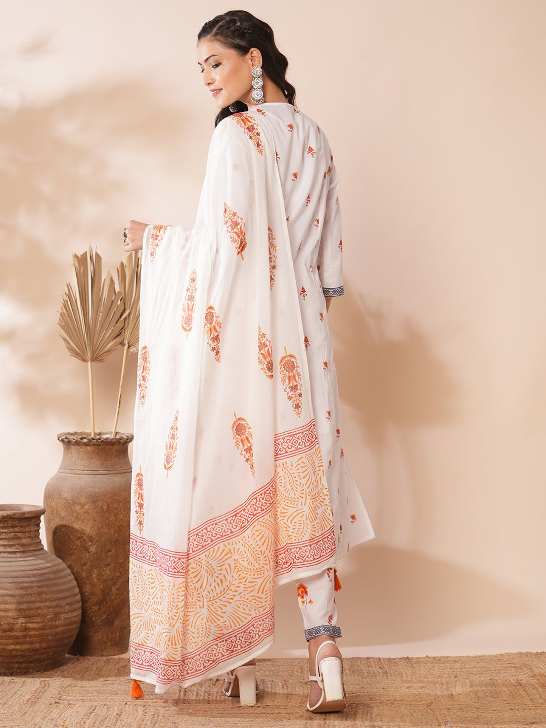 Ethnic Floral Printed A-Line Paneled Kurta with Pant & Dupatta - White