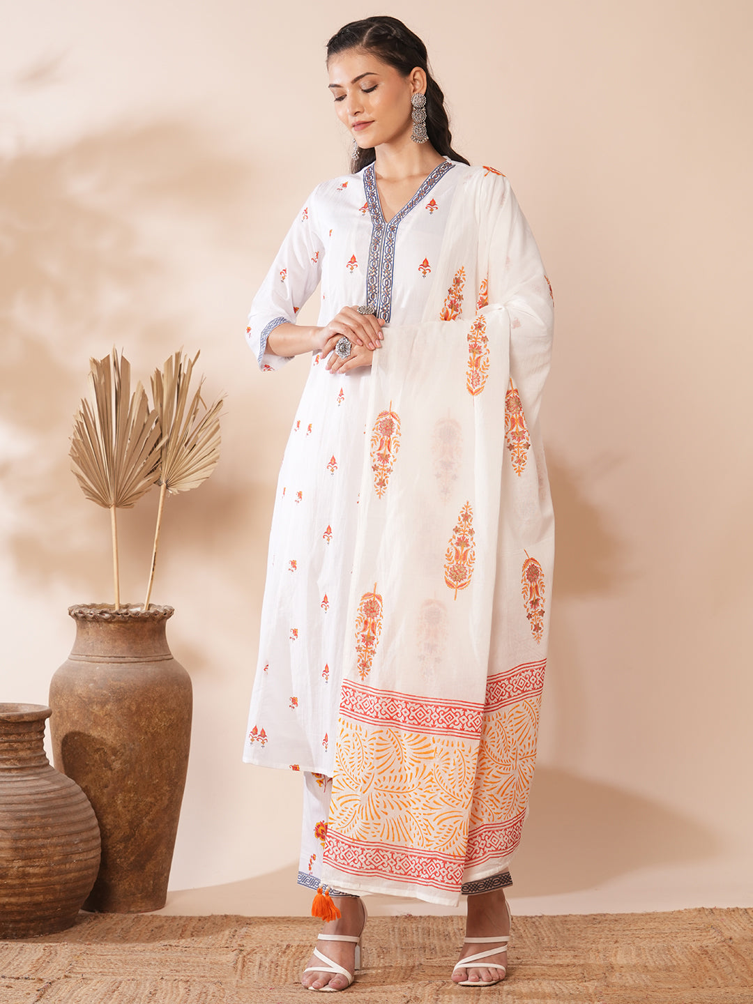 Ethnic Floral Printed A-Line Paneled Kurta with Pant & Dupatta - White