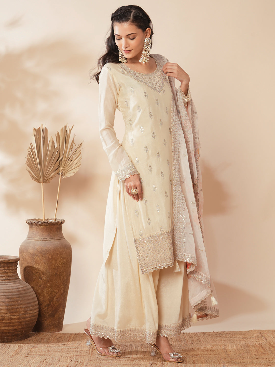 Solid Ethnic Sequin Embroidered Straight Fit Kurta with Palazzo & Dupatta - Cream