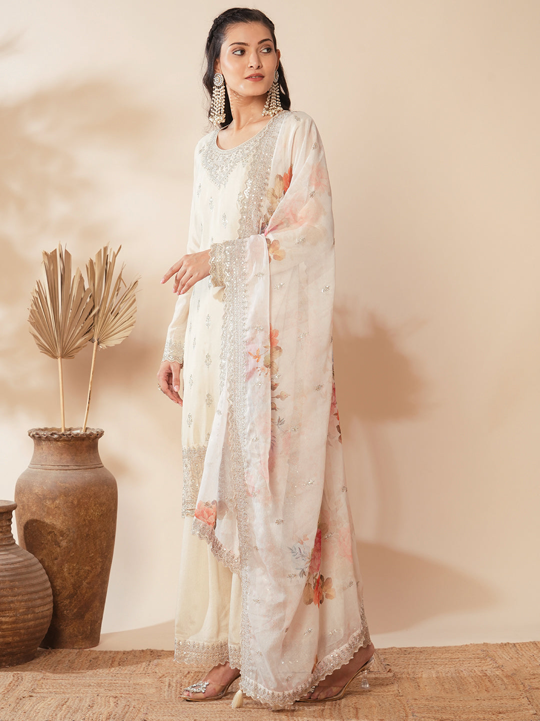 Solid Ethnic Sequin Embroidered Straight Fit Kurta with Palazzo & Dupatta - Cream