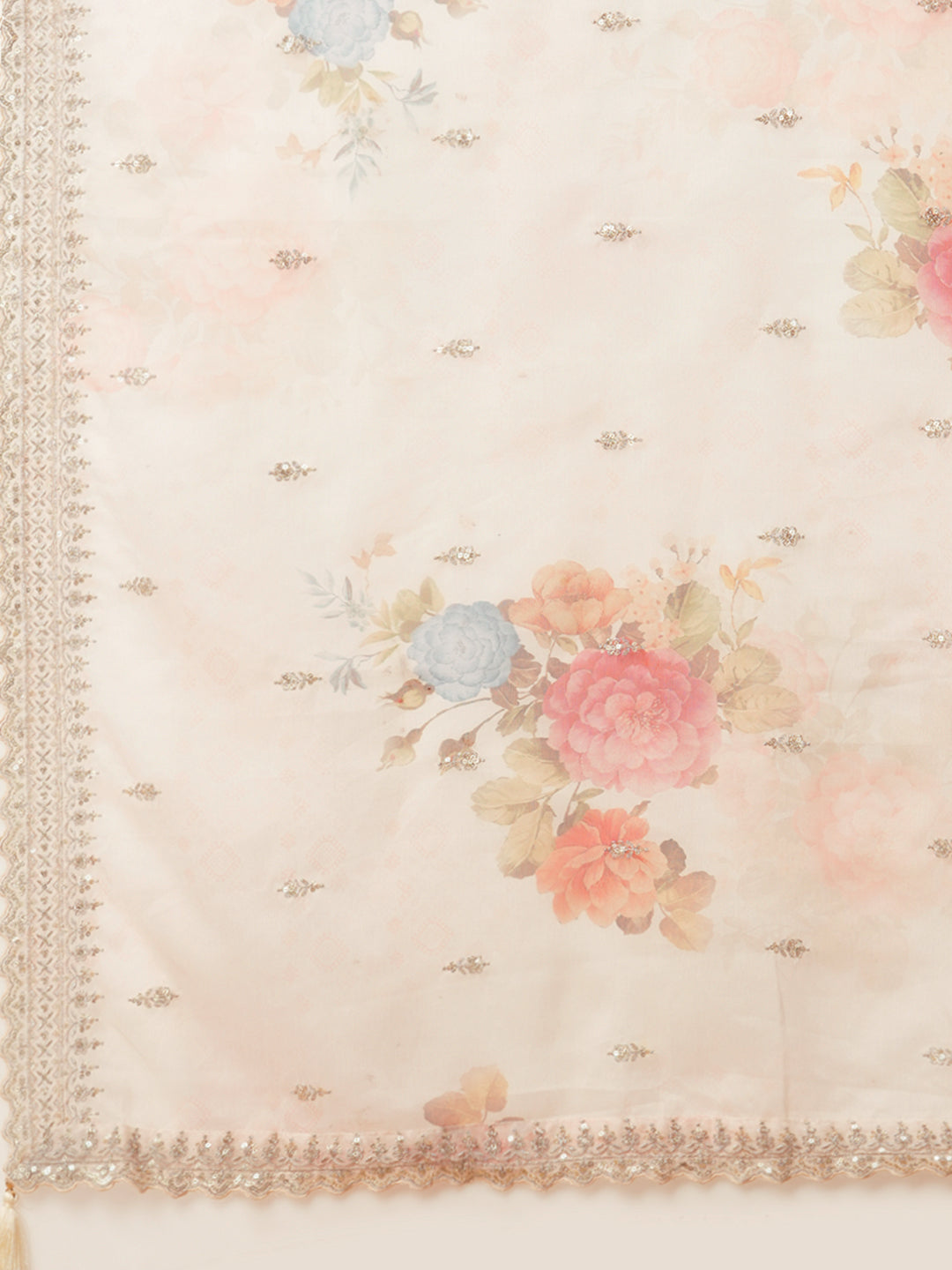 Solid Ethnic Sequin Embroidered Straight Fit Kurta with Palazzo & Dupatta - Cream