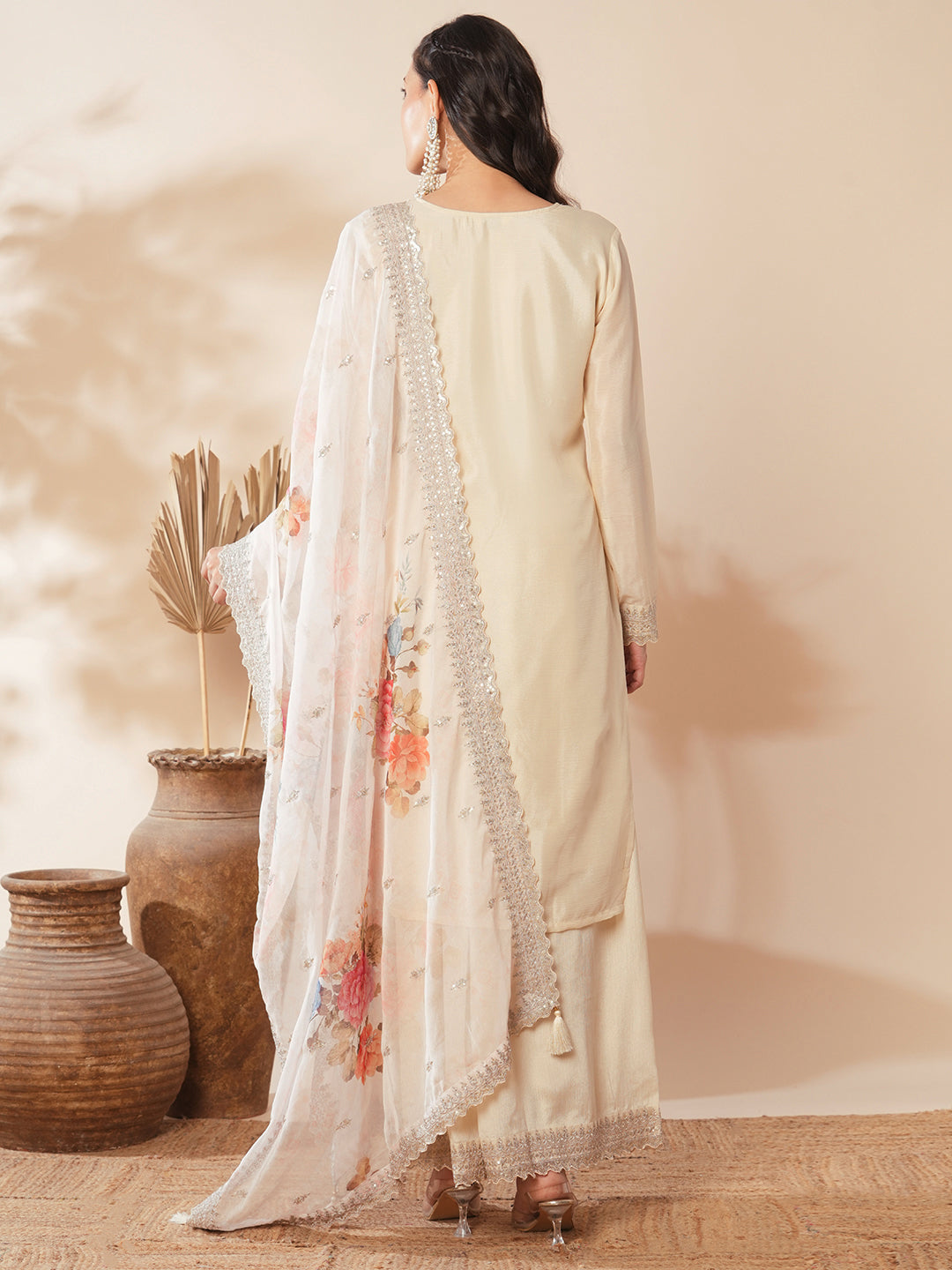 Solid Ethnic Sequin Embroidered Straight Fit Kurta with Palazzo & Dupatta - Cream