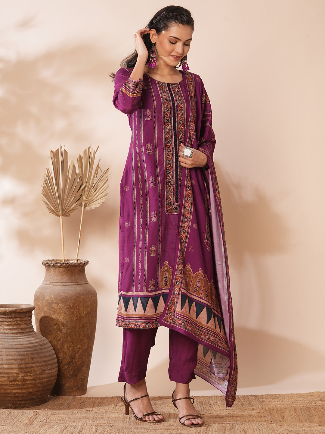 Floral Printed & Embroidered Straight Kurta with Pant & Dupatta - Purple