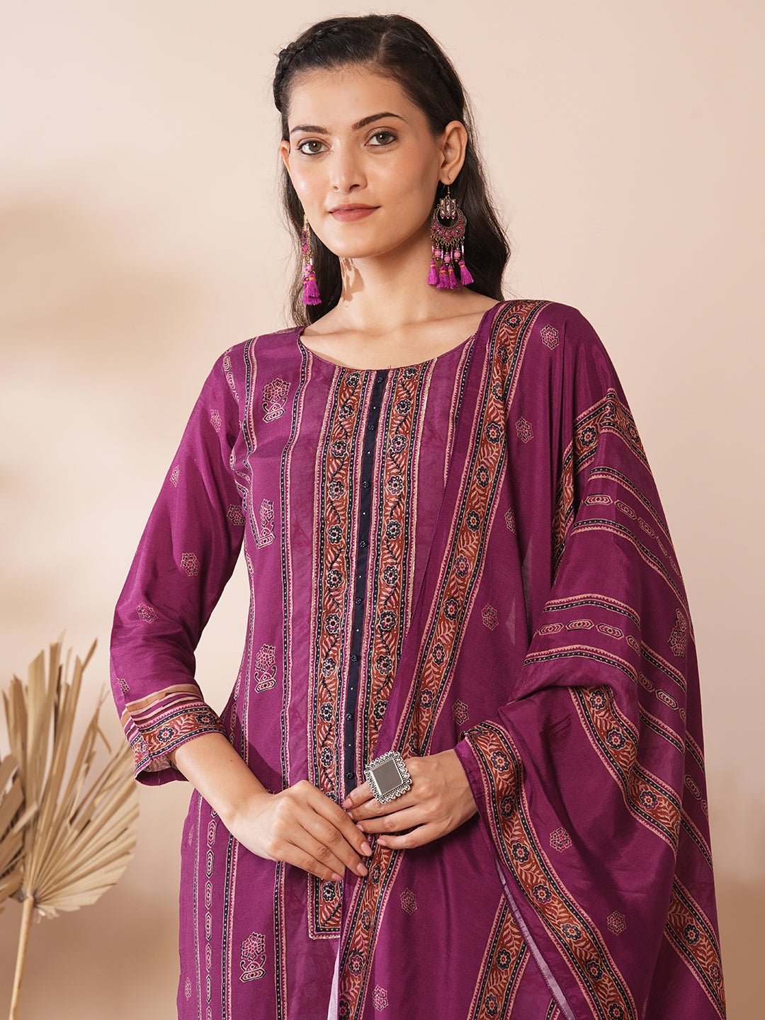 Floral Printed & Embroidered Straight Kurta with Pant & Dupatta - Purple