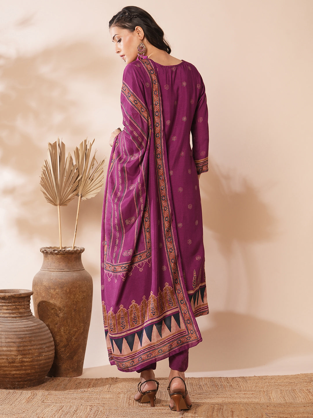Floral Printed & Embroidered Straight Kurta with Pant & Dupatta - Purple