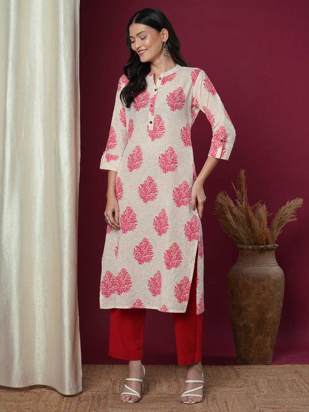 Ethnic Floral Printed Straight Fit Kurta - Off White