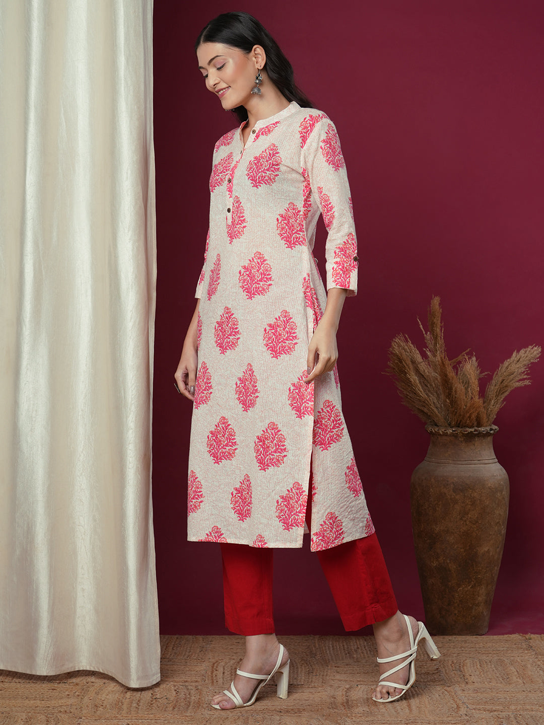 Ethnic Floral Printed Straight Fit Kurta - Off White