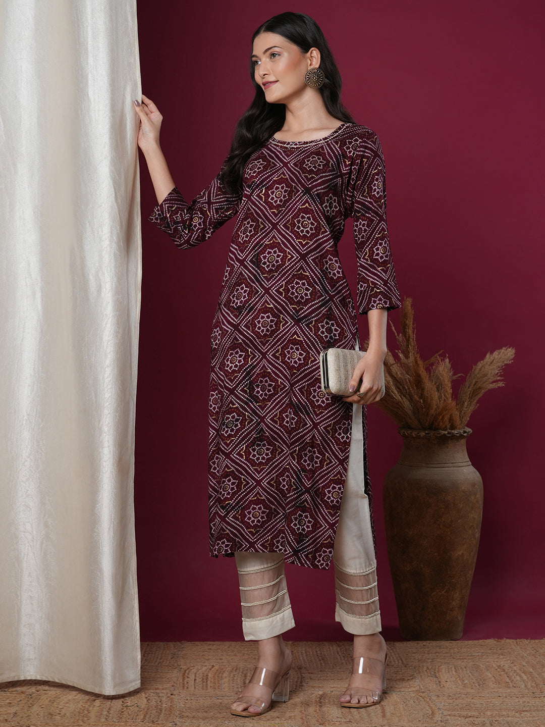 Ethnic Bandhani Printed & Embroidered Straight Fit Kurta - Magenta