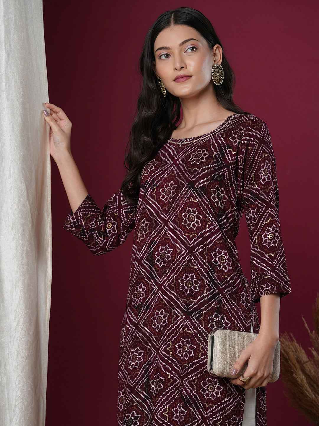 Ethnic Bandhani Printed & Embroidered Straight Fit Kurta - Magenta