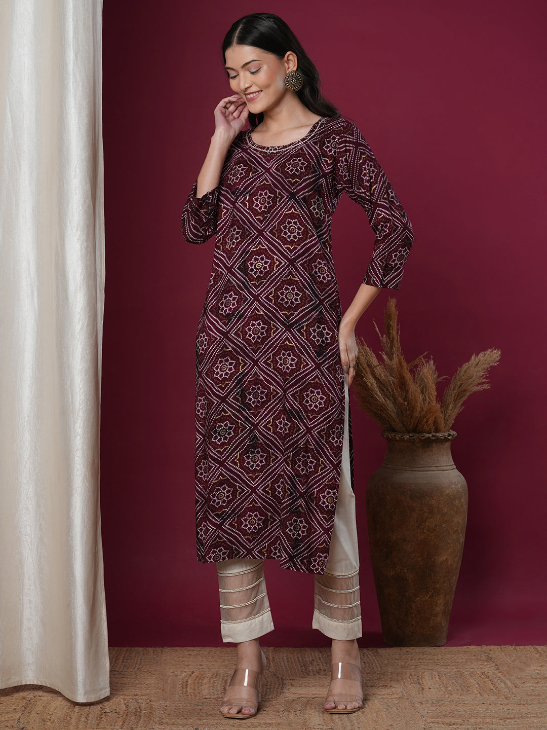 Ethnic Bandhani Printed & Embroidered Straight Fit Kurta - Magenta