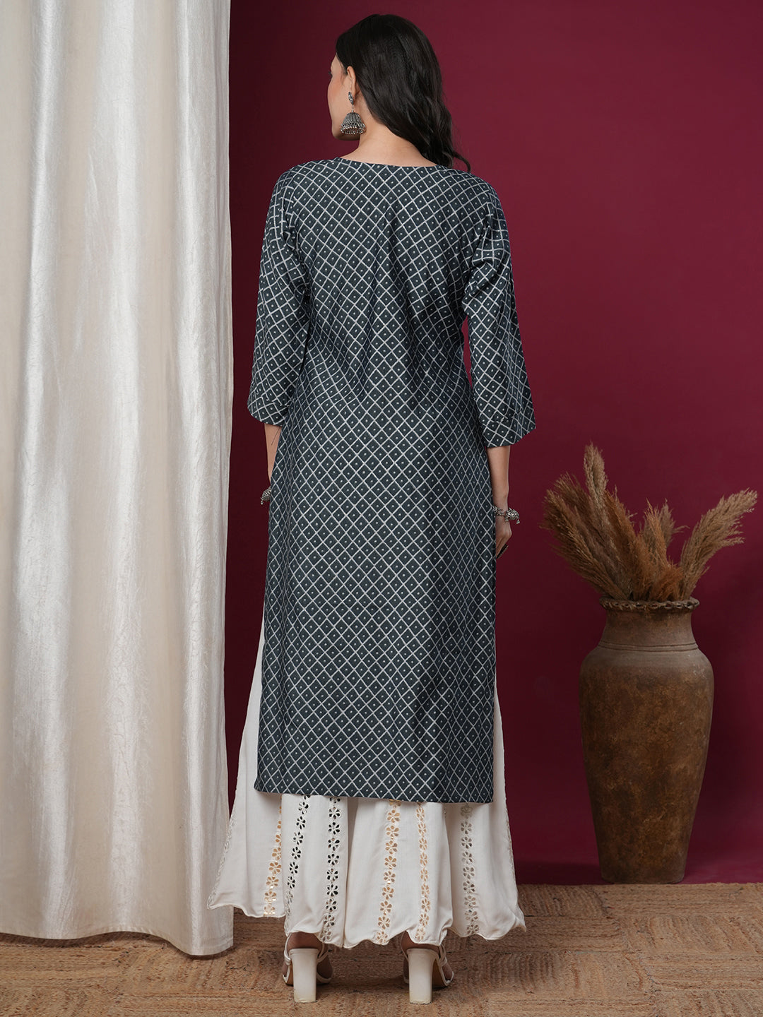 Ethnic Printed & Embroidered Straight Fit Kurta - Blue