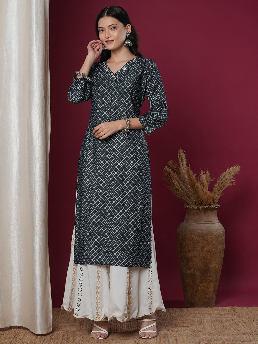 Ethnic Printed & Embroidered Straight Fit Kurta - Blue