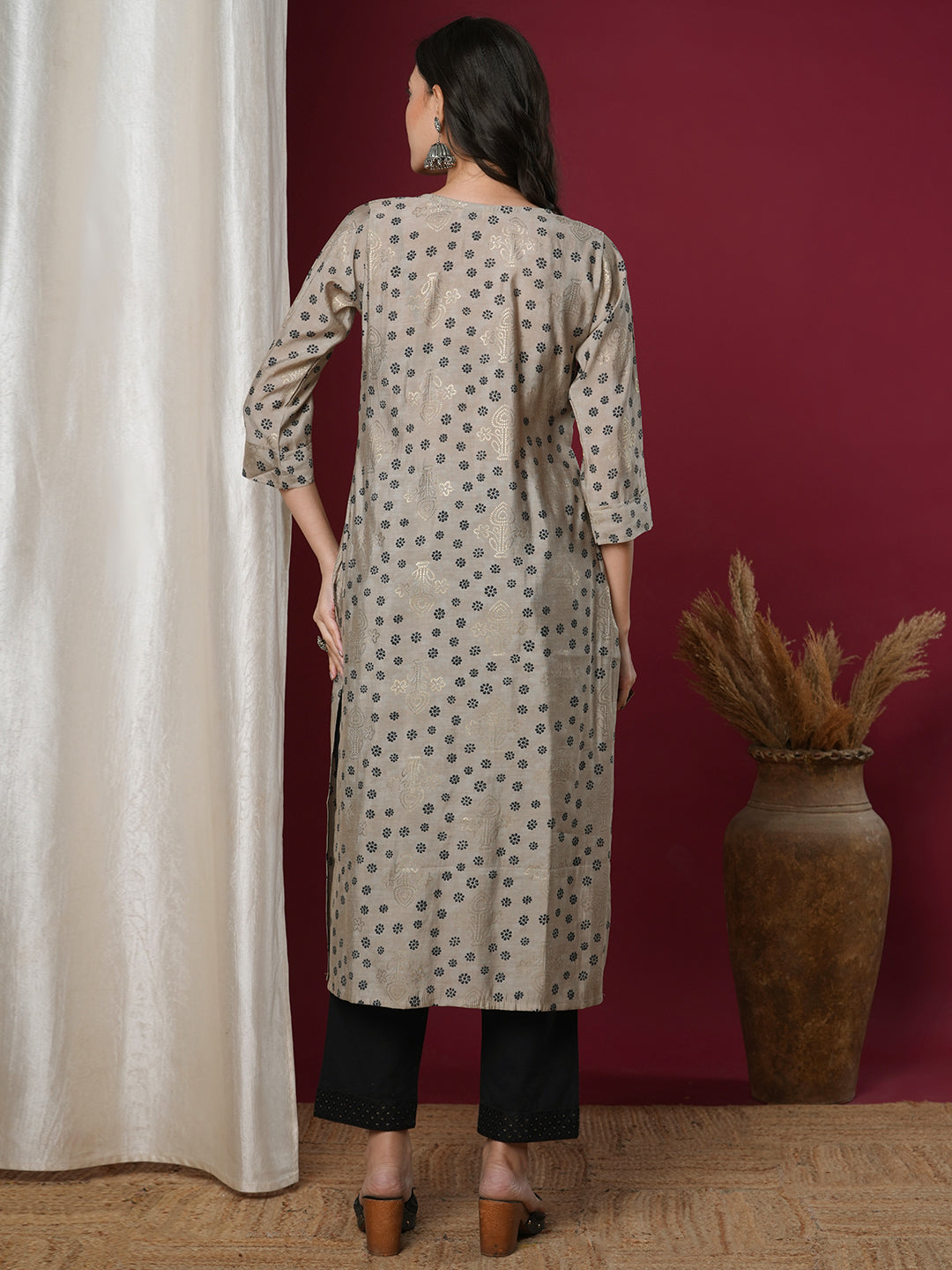 Floral Foil Printed & Embroidered Straight Fit Kurta - Grey