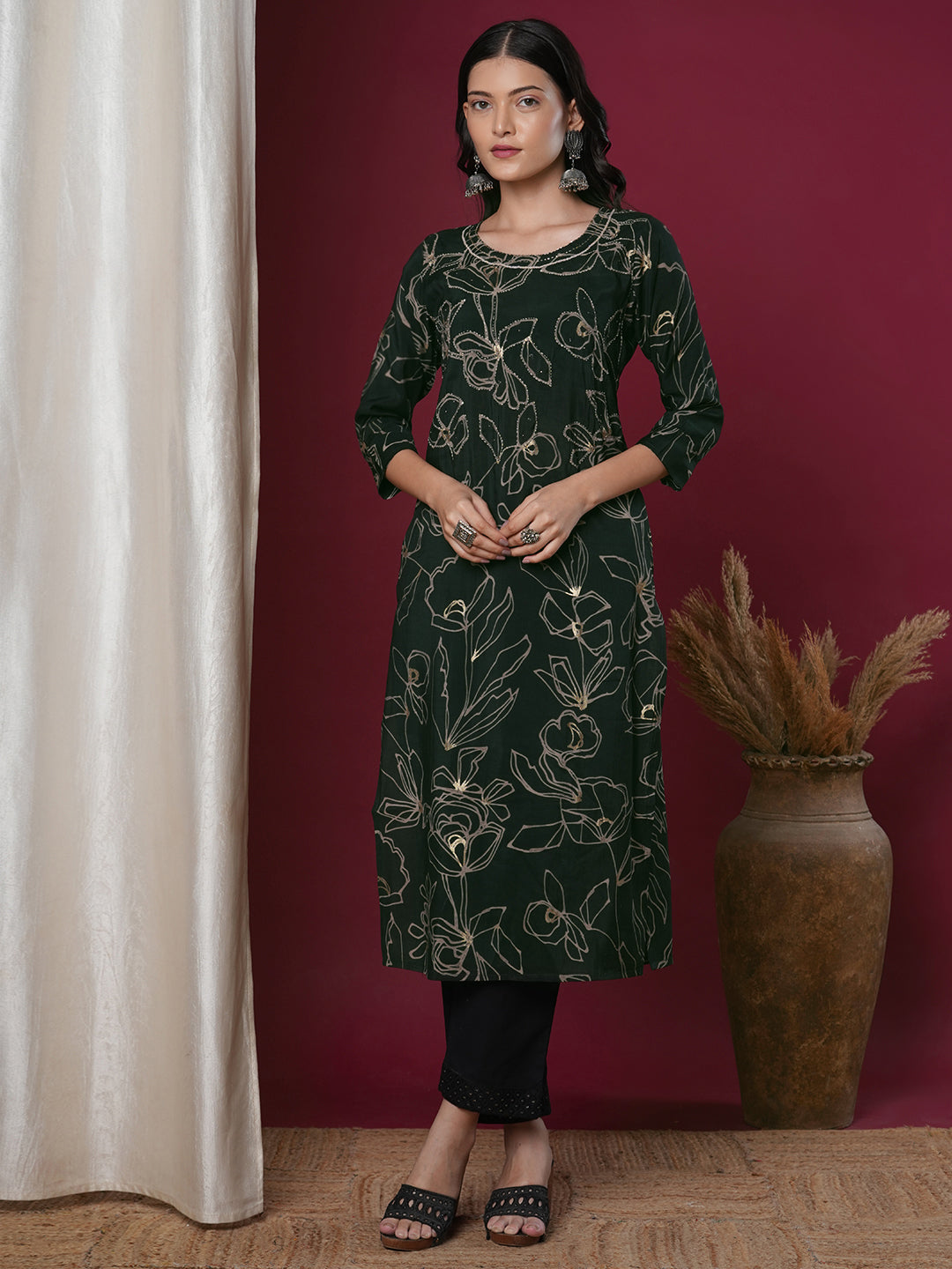 Abstract Floral Printed & Embroidered Straight Fit Kurta - Green