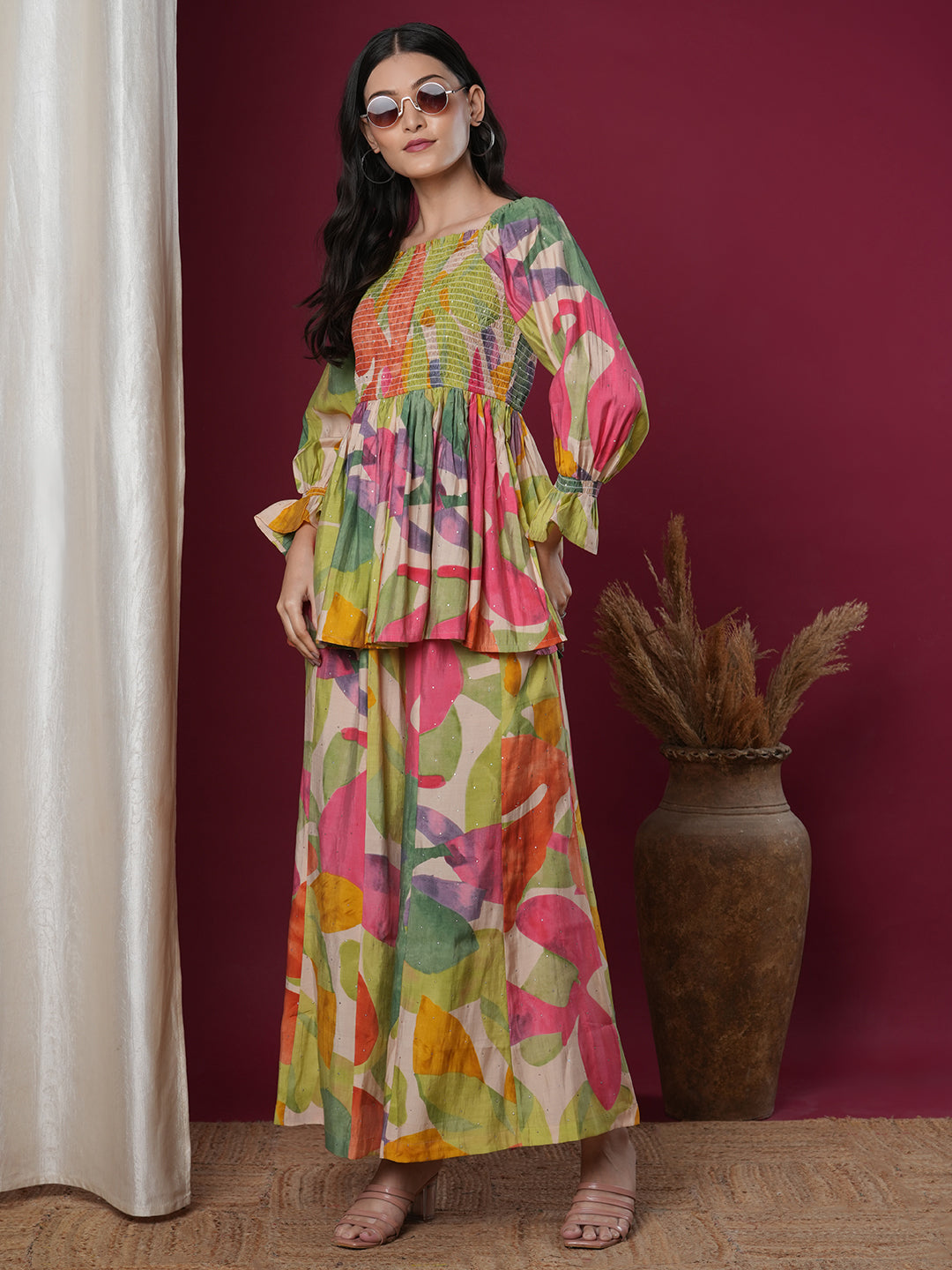 Abstract Floral Printed A-Line Pleated Smocked Top with Palazzo - Multi