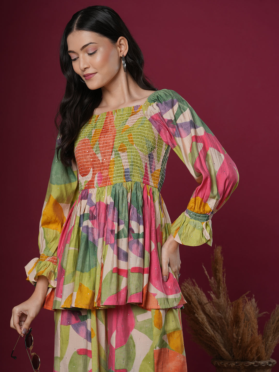 Abstract Floral Printed A-Line Pleated Smocked Top with Palazzo - Multi
