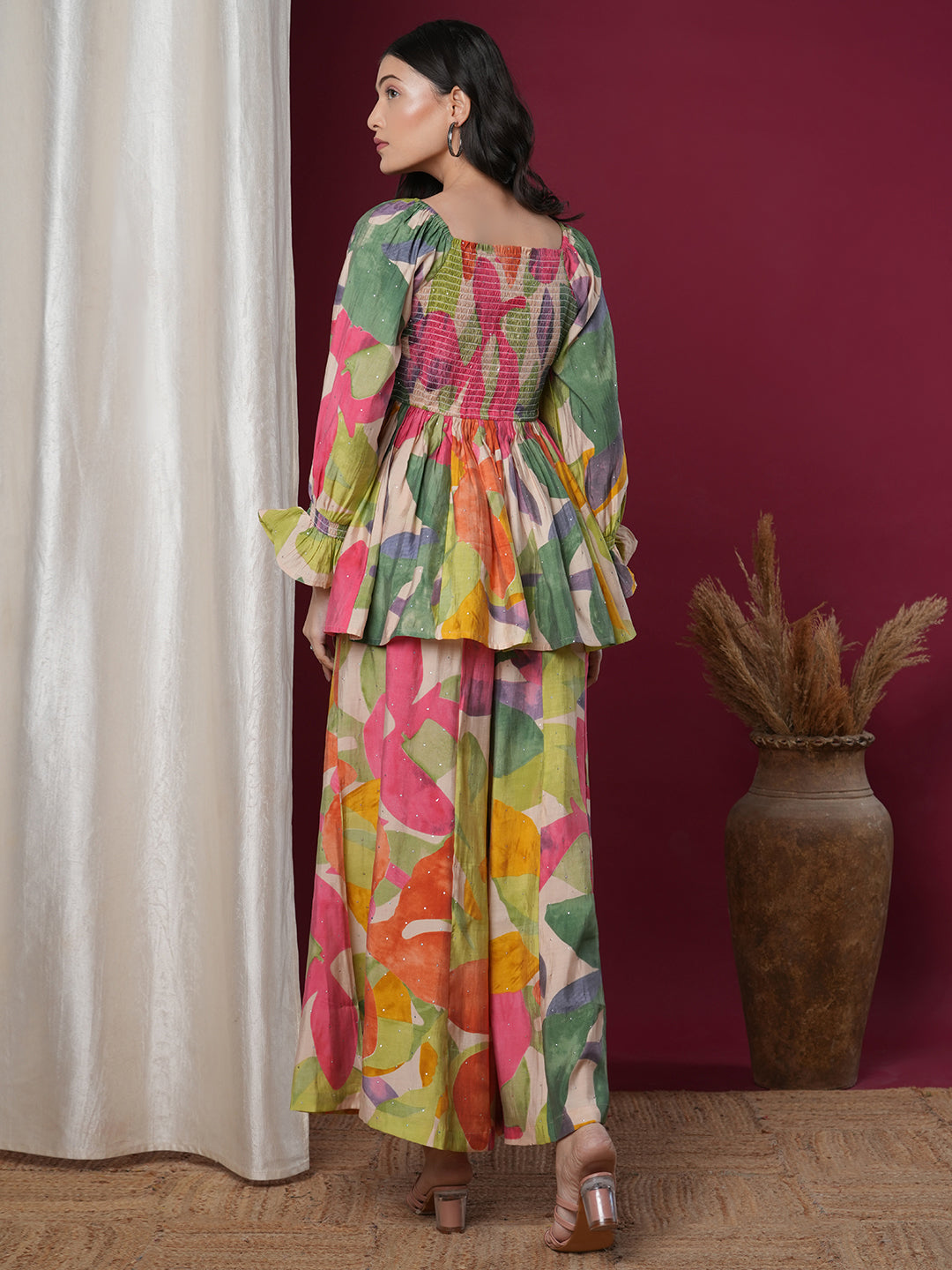 Abstract Floral Printed A-Line Pleated Smocked Top with Palazzo - Multi