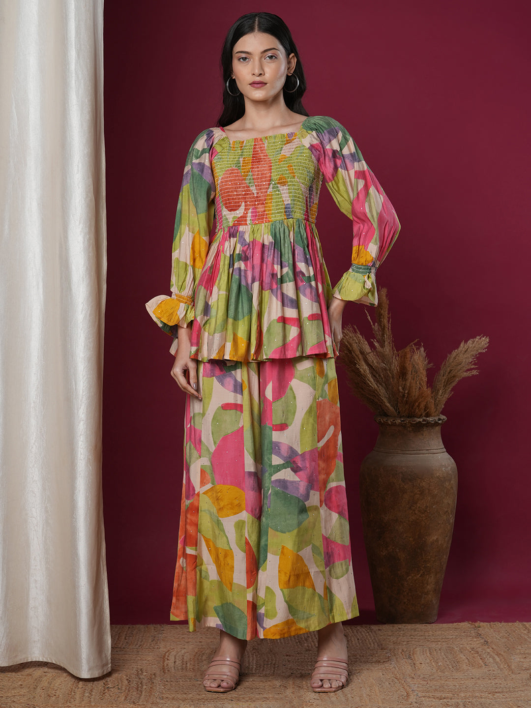 Abstract Floral Printed A-Line Pleated Smocked Top with Palazzo - Multi