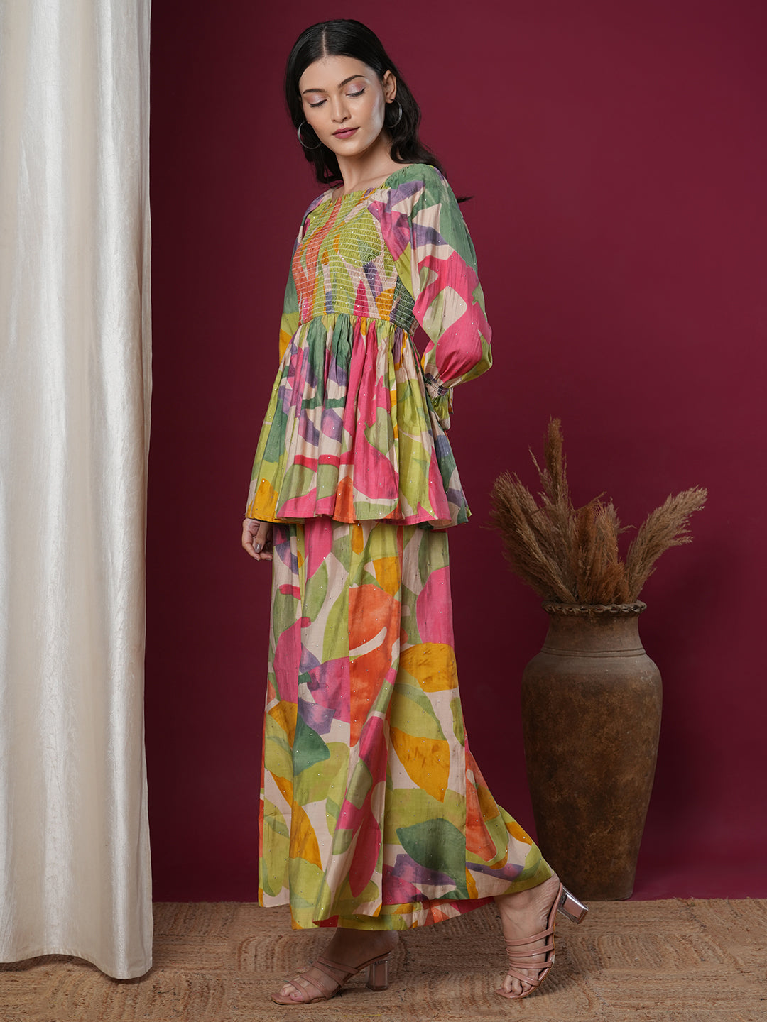 Abstract Floral Printed A-Line Pleated Smocked Top with Palazzo - Multi