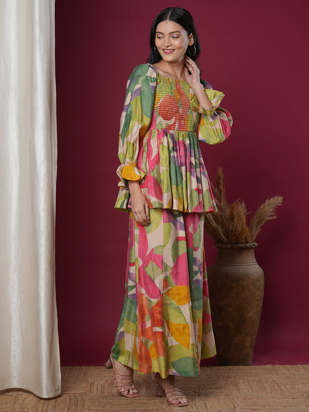 Abstract Floral Printed A-Line Pleated Smocked Top with Palazzo - Multi