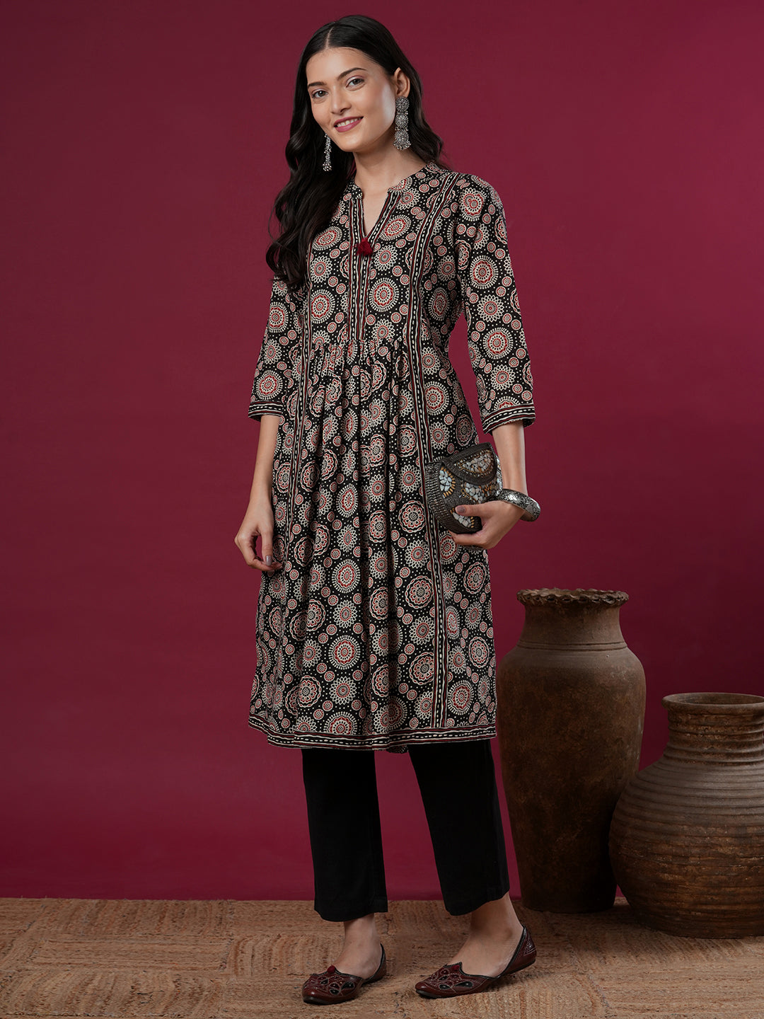 Ethnic Floral Printed A-Line Pleated Midi Dress - Black