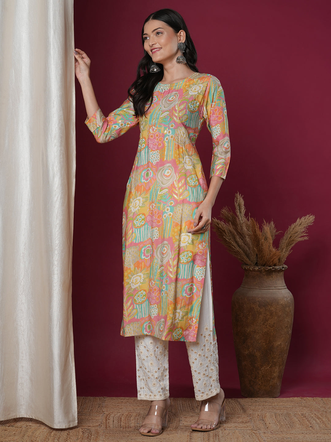 Abstract Floral Printed & Embroidered Straight Fit Kurta - Multi