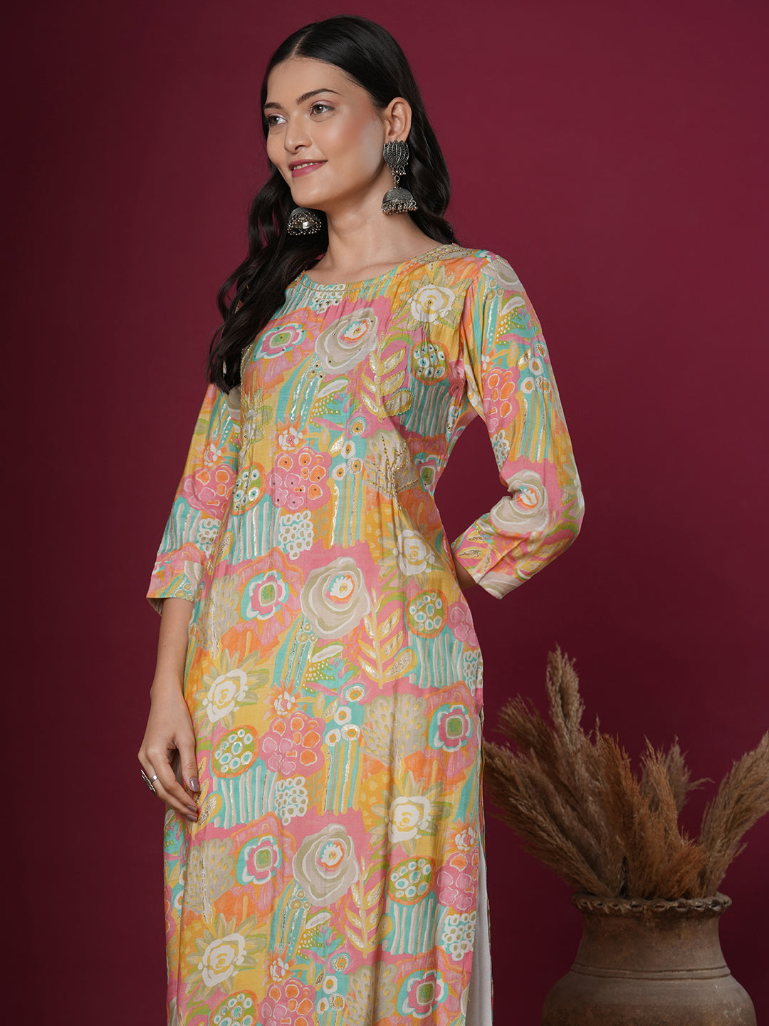 Abstract Floral Printed & Embroidered Straight Fit Kurta - Multi