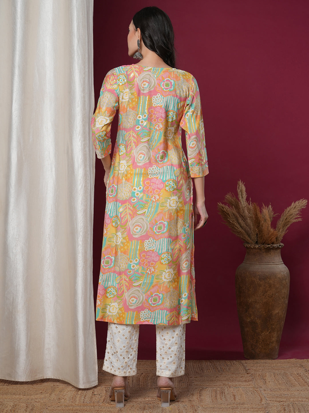 Abstract Floral Printed & Embroidered Straight Fit Kurta - Multi