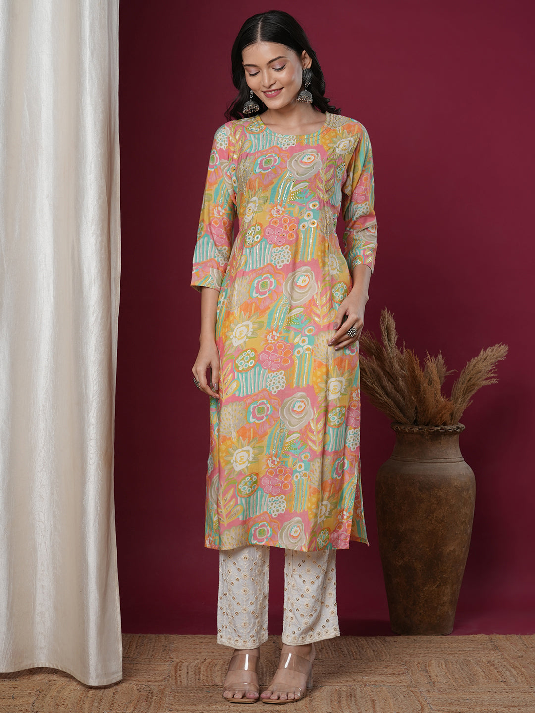Abstract Floral Printed & Embroidered Straight Fit Kurta - Multi