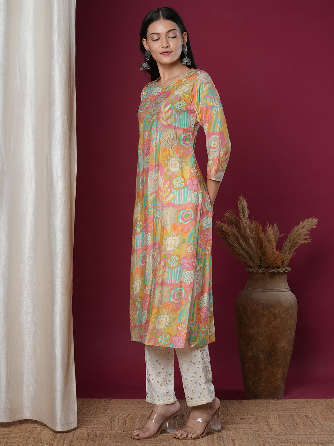 Abstract Floral Printed & Embroidered Straight Fit Kurta - Multi