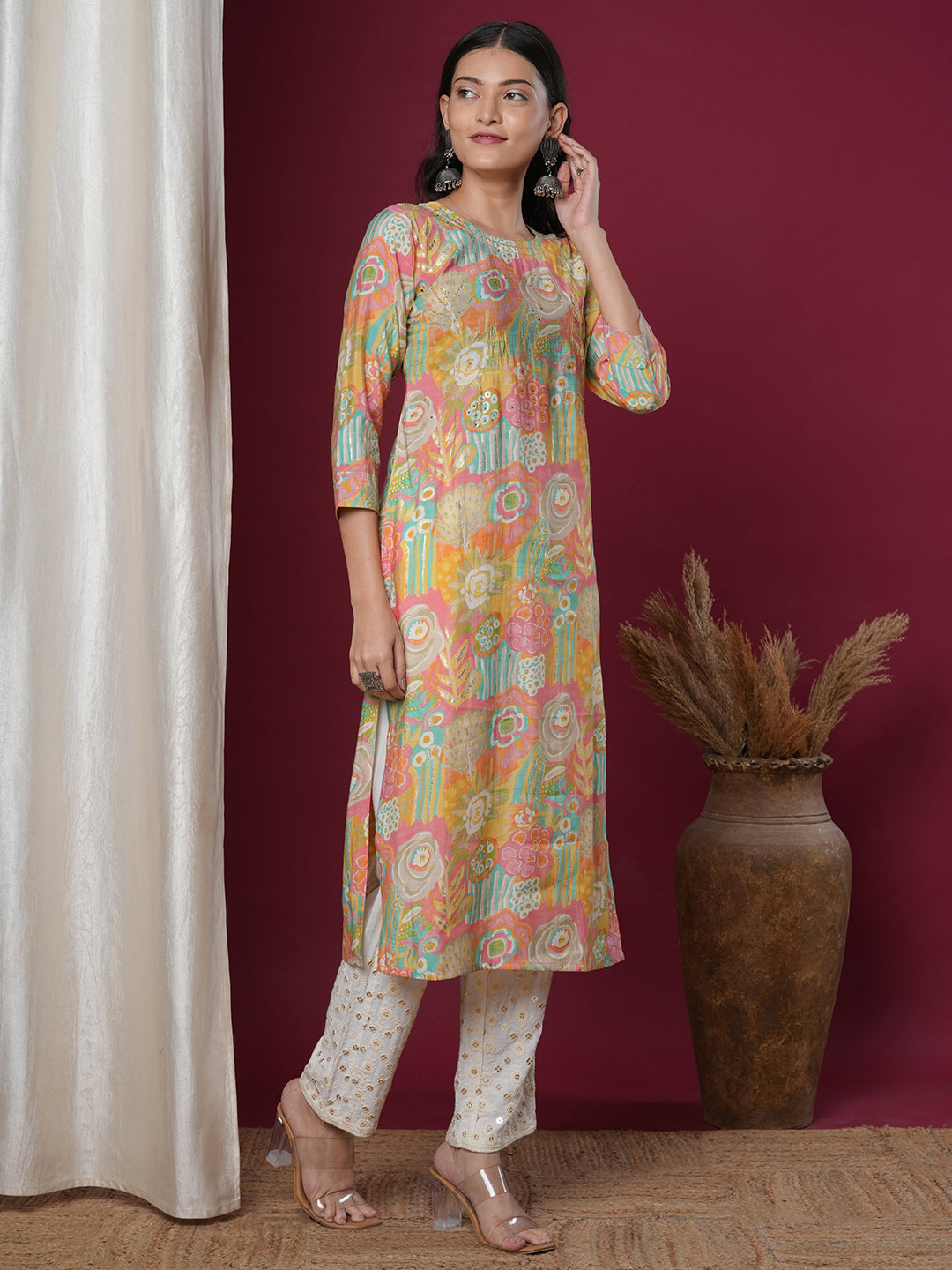 Abstract Floral Printed & Embroidered Straight Fit Kurta - Multi