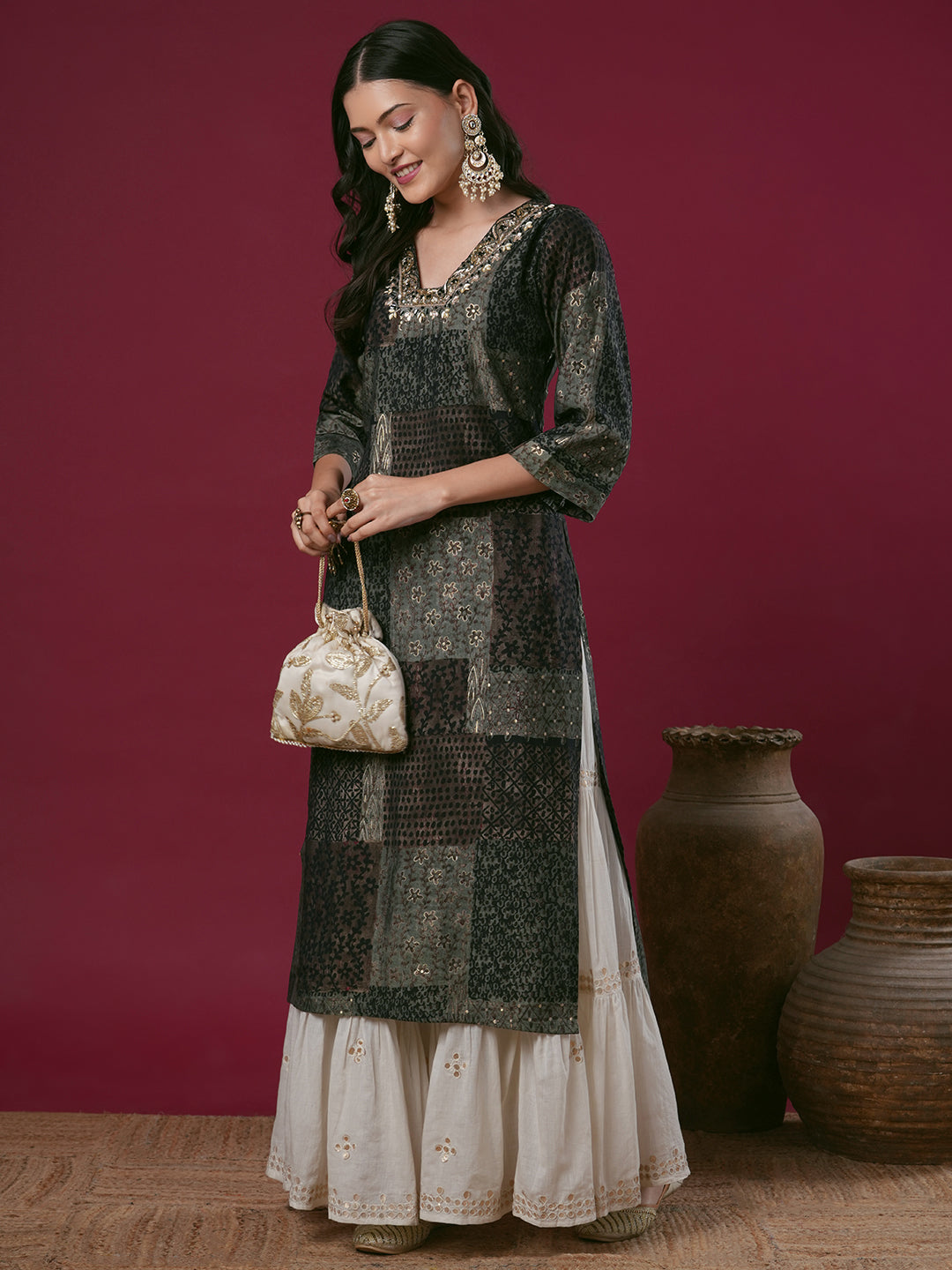 Ethnic Foil Printed & Hand Embroidered Straight Fit Kurta - Multi