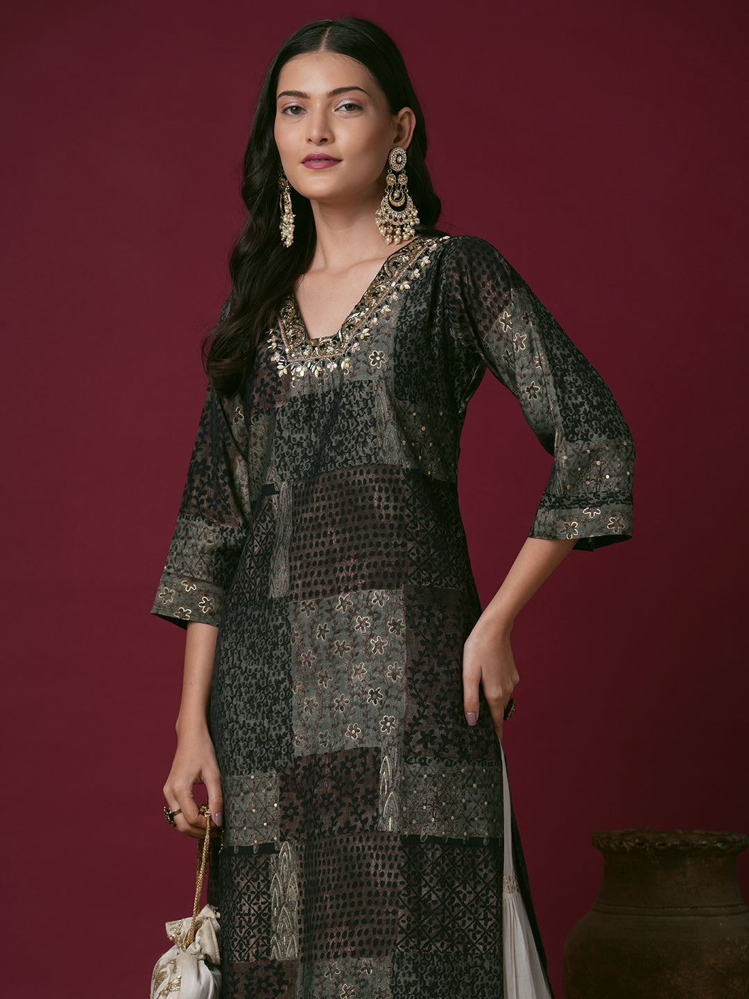 Ethnic Foil Printed & Hand Embroidered Straight Fit Kurta - Multi