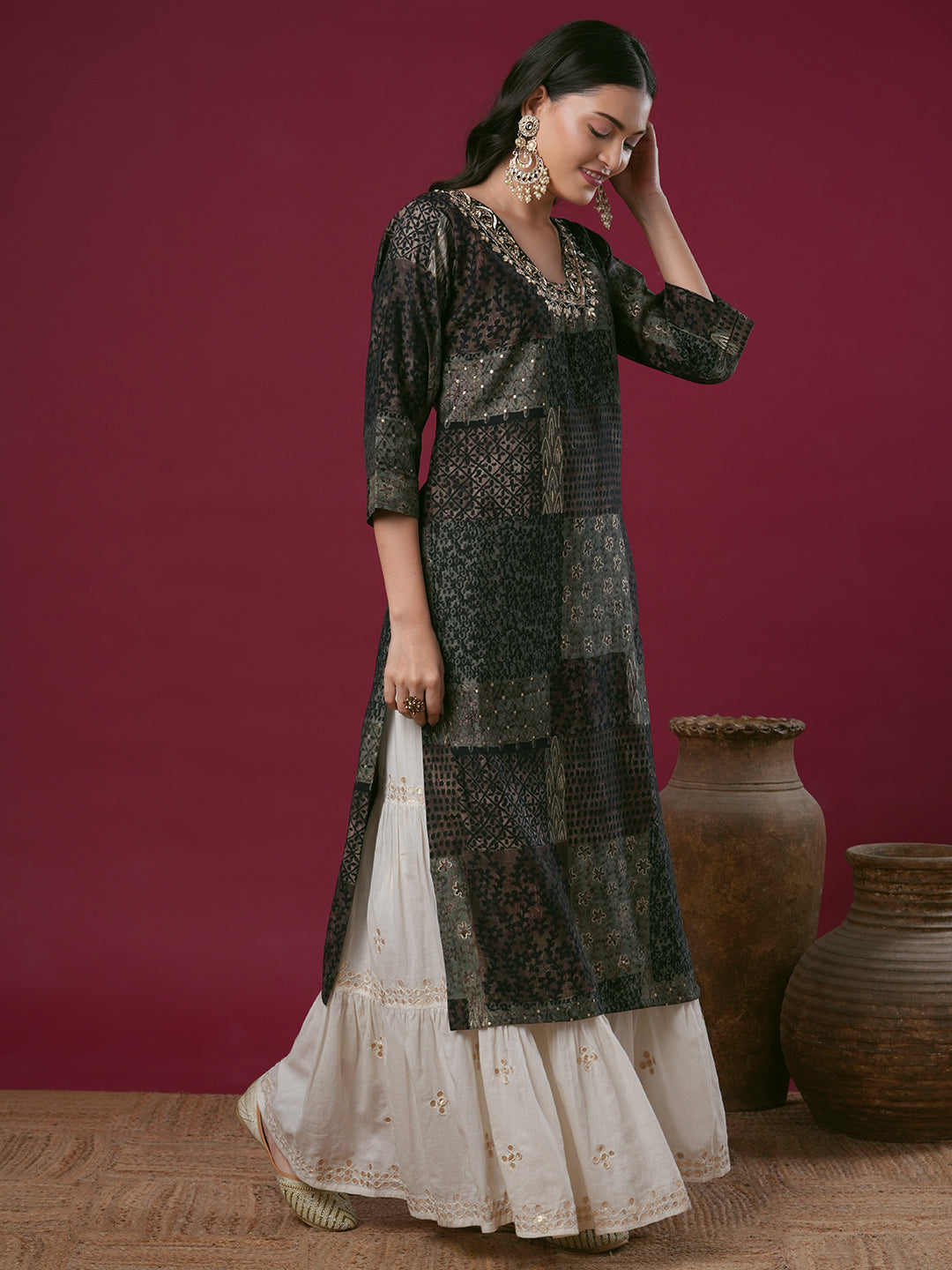Ethnic Foil Printed & Hand Embroidered Straight Fit Kurta - Multi
