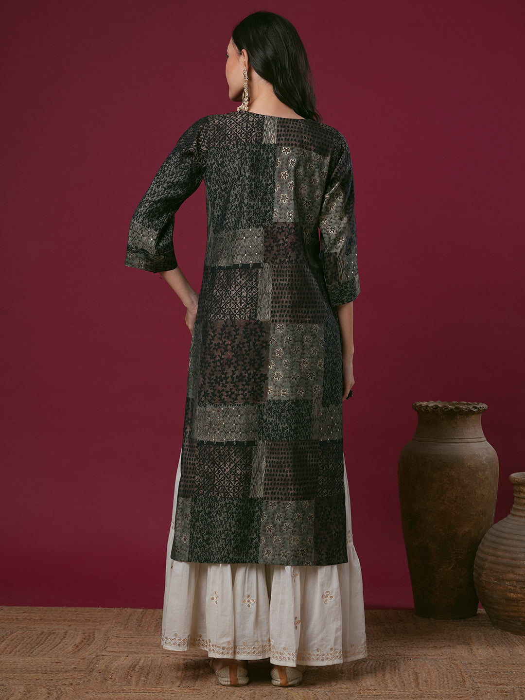 Ethnic Foil Printed & Hand Embroidered Straight Fit Kurta - Multi