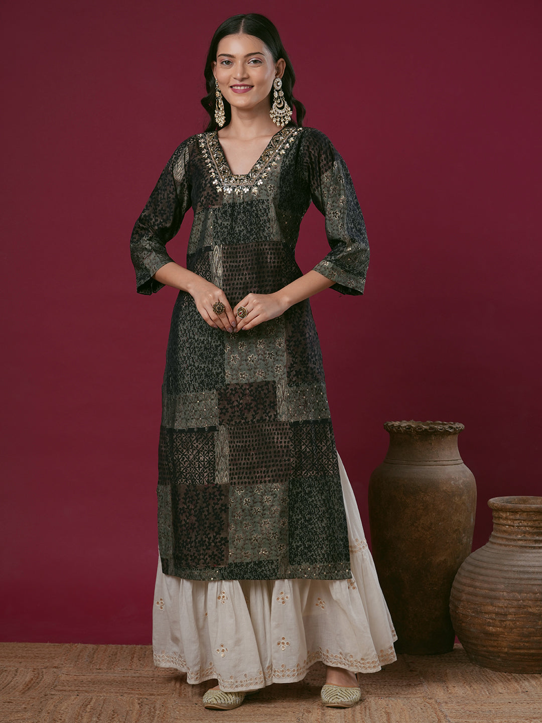 Ethnic Foil Printed & Hand Embroidered Straight Fit Kurta - Multi
