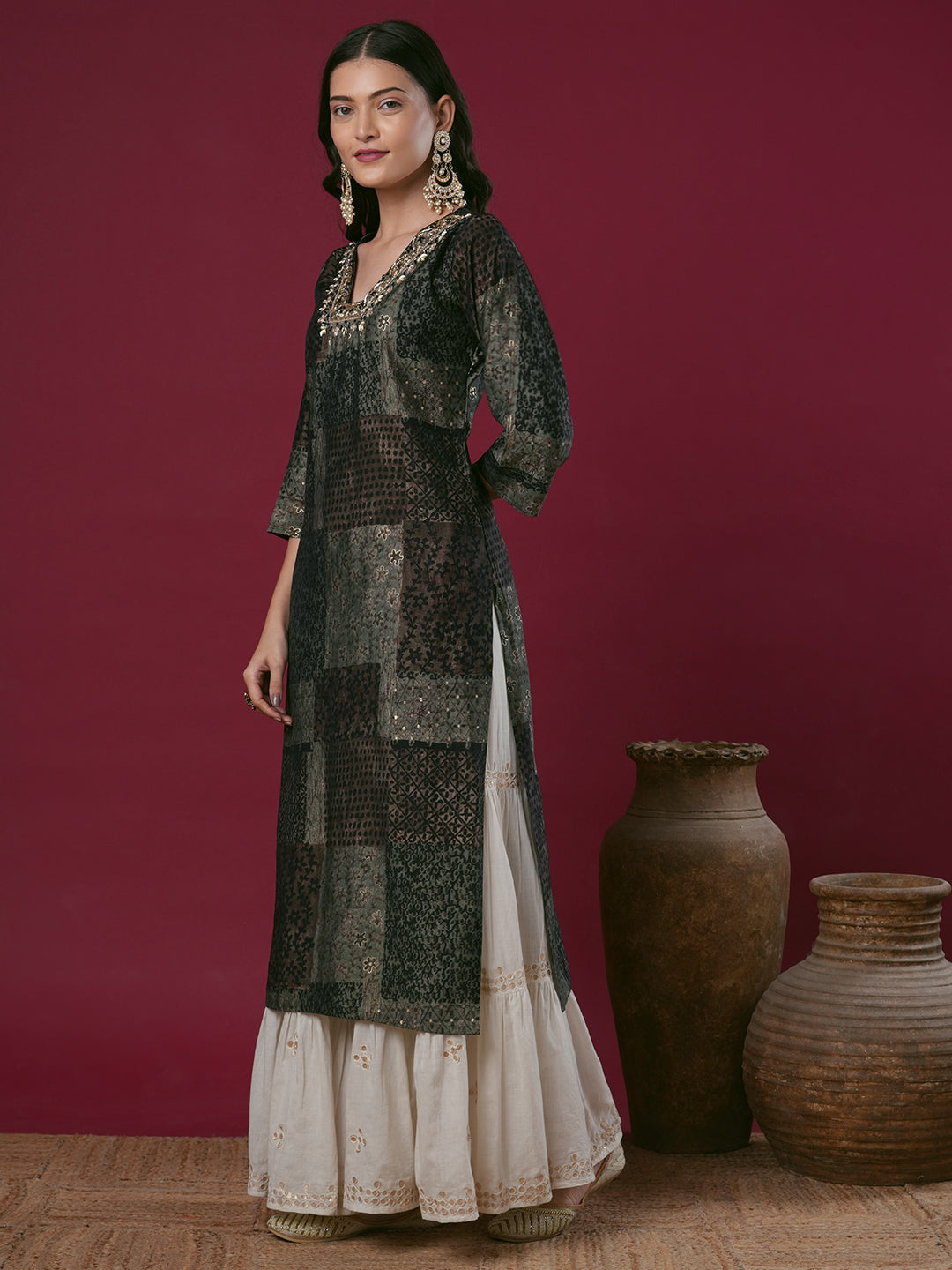 Ethnic Foil Printed & Hand Embroidered Straight Fit Kurta - Multi