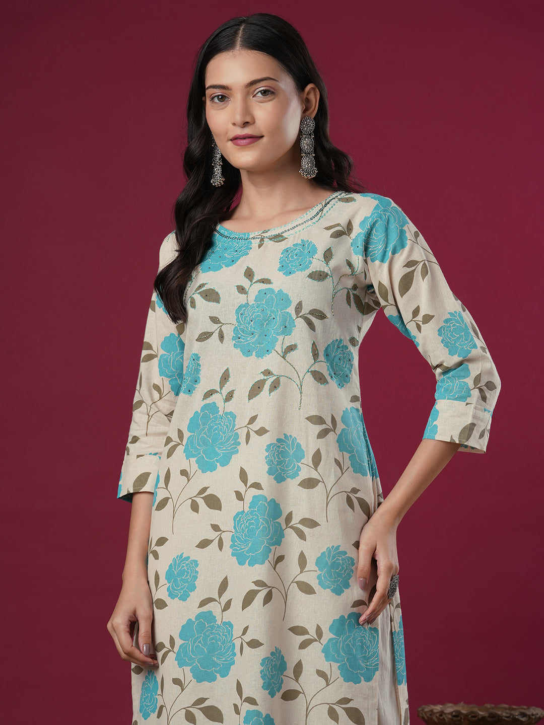 Floral Printed & Embroidered Straight Fit Cotton Flax Kurta - Off White