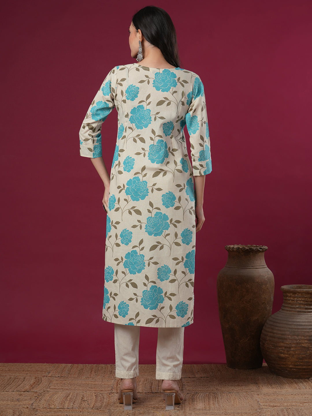Floral Printed & Embroidered Straight Fit Cotton Flax Kurta - Off White