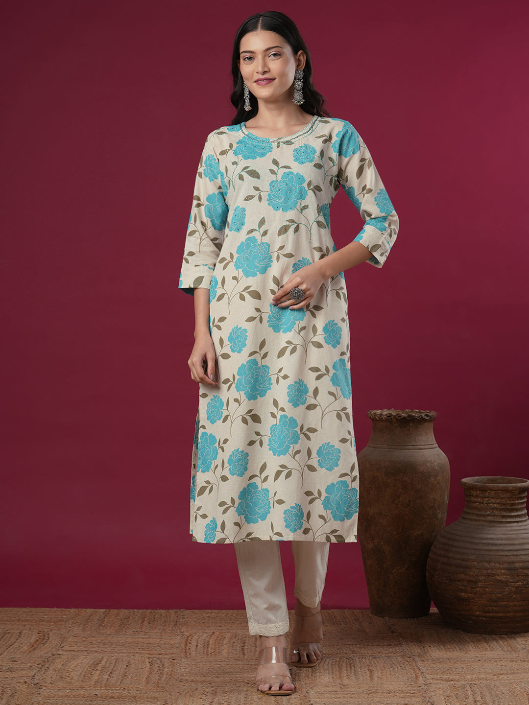 Floral Printed & Embroidered Straight Fit Cotton Flax Kurta - Off White