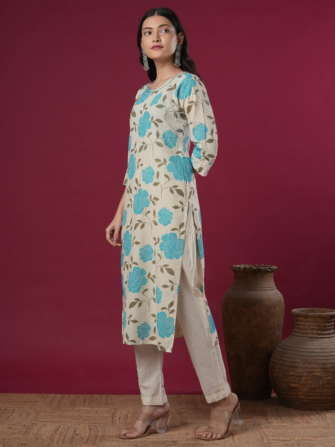 Floral Printed & Embroidered Straight Fit Cotton Flax Kurta - Off White