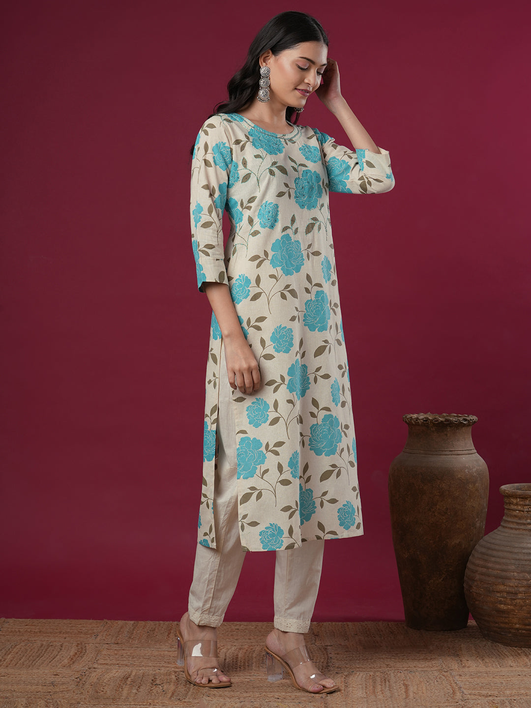 Floral Printed & Embroidered Straight Fit Cotton Flax Kurta - Off White